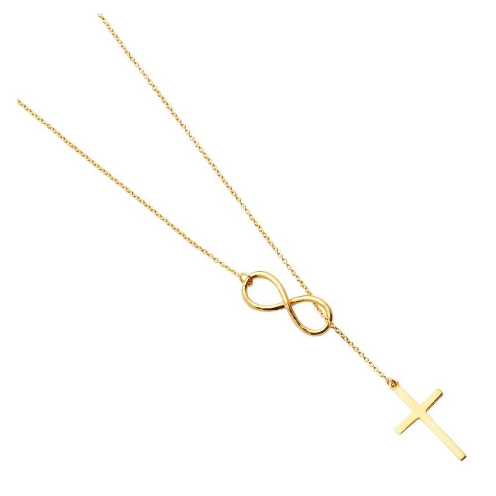 14KT GOLD CROSS AND INFINITY PENDANT LIGHT CHAIN NECKLACE